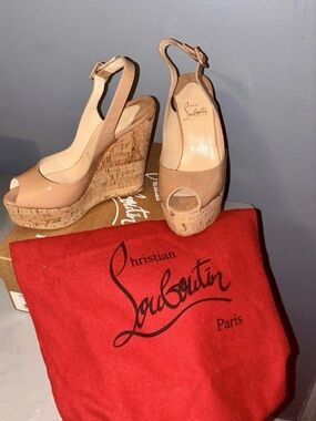 Christian Louboutin Nude Patent Leather Cork Wedge Slingbacks